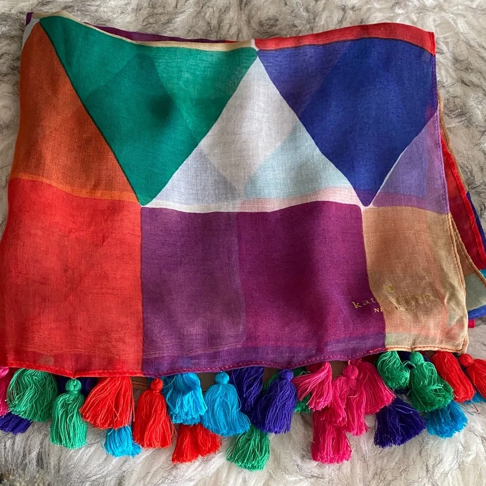 KATE SPADE Pubelo tiles Colorful Geometric Pattern Scarf with Tassels